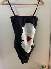 Vintage Gottex Square Neck One-Piece Swimsuit Black & Red Poppy with Rhinestones