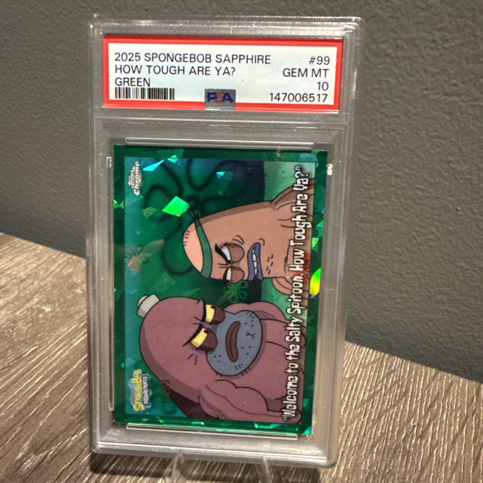 2025 Topps Chrome SpongeBob Sapphire Welcome Salty Spitoon Green /99 PSA 10 view 4