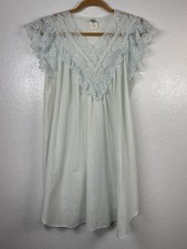 Vintage Gilligan O Malley Womens Nightgown Blue Floral Cotton Lace 12-14