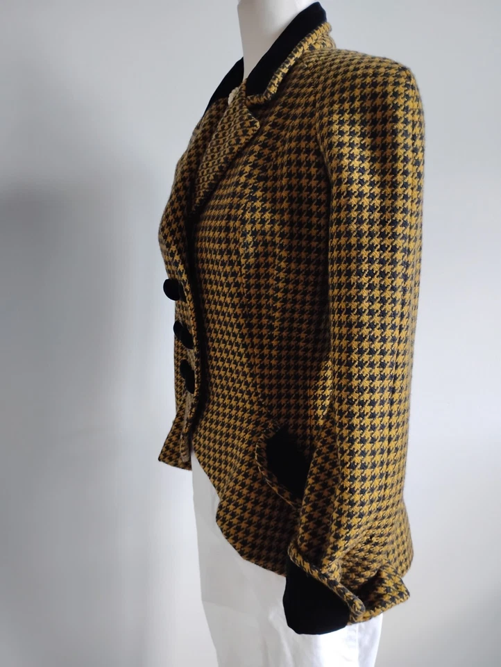 Norma Kamali Vintage 80s 100% Wool Jacket Velvet Detail Houndstooth Size Small - Image 2 of 4