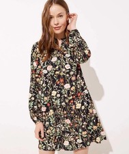 Loft Floral Print Ruffle Split Neck Shift Dress Size M All-Season Garden Black
