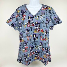 Disney Women's Medium Gray Scrub Halloween Mickey Minnie Goofy Pluto Donald Duck