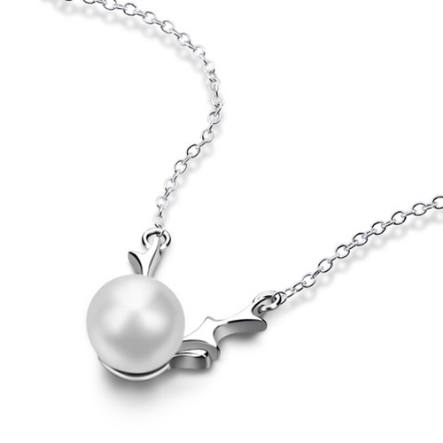 Solid 925 Sterling Silver 8mm Pearl Antlers Pendant Rolo Chain Necklace 18"