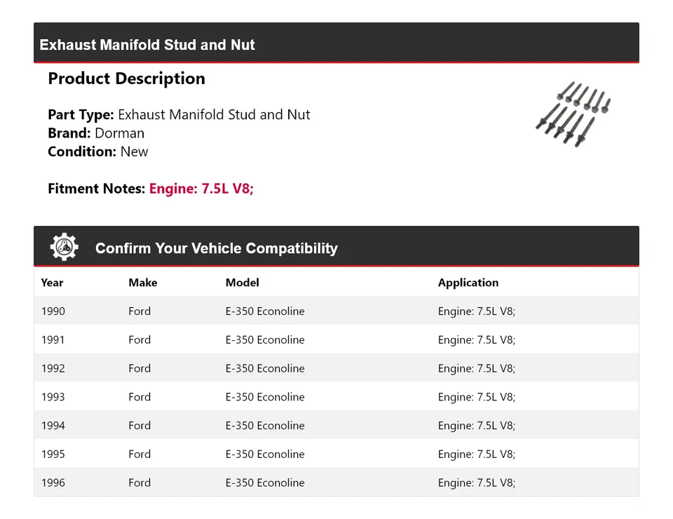 Para Ford E-350 Econoline 1990-1996 7,5 L V8 Dorman colector de escape perno y tuerca Foto 2 de 4