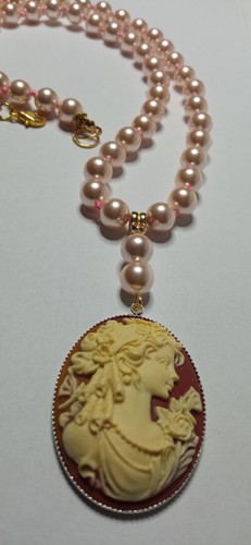 Collana di perle madreperla con cammeo pendente ciondolo 30x40mm donna vintage - Foto 15 di 22