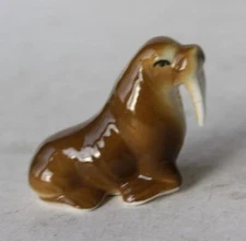 Walrus Figurine Sitting Long Teeth Miniature Bone China Ceramic Brown Walrus Fig