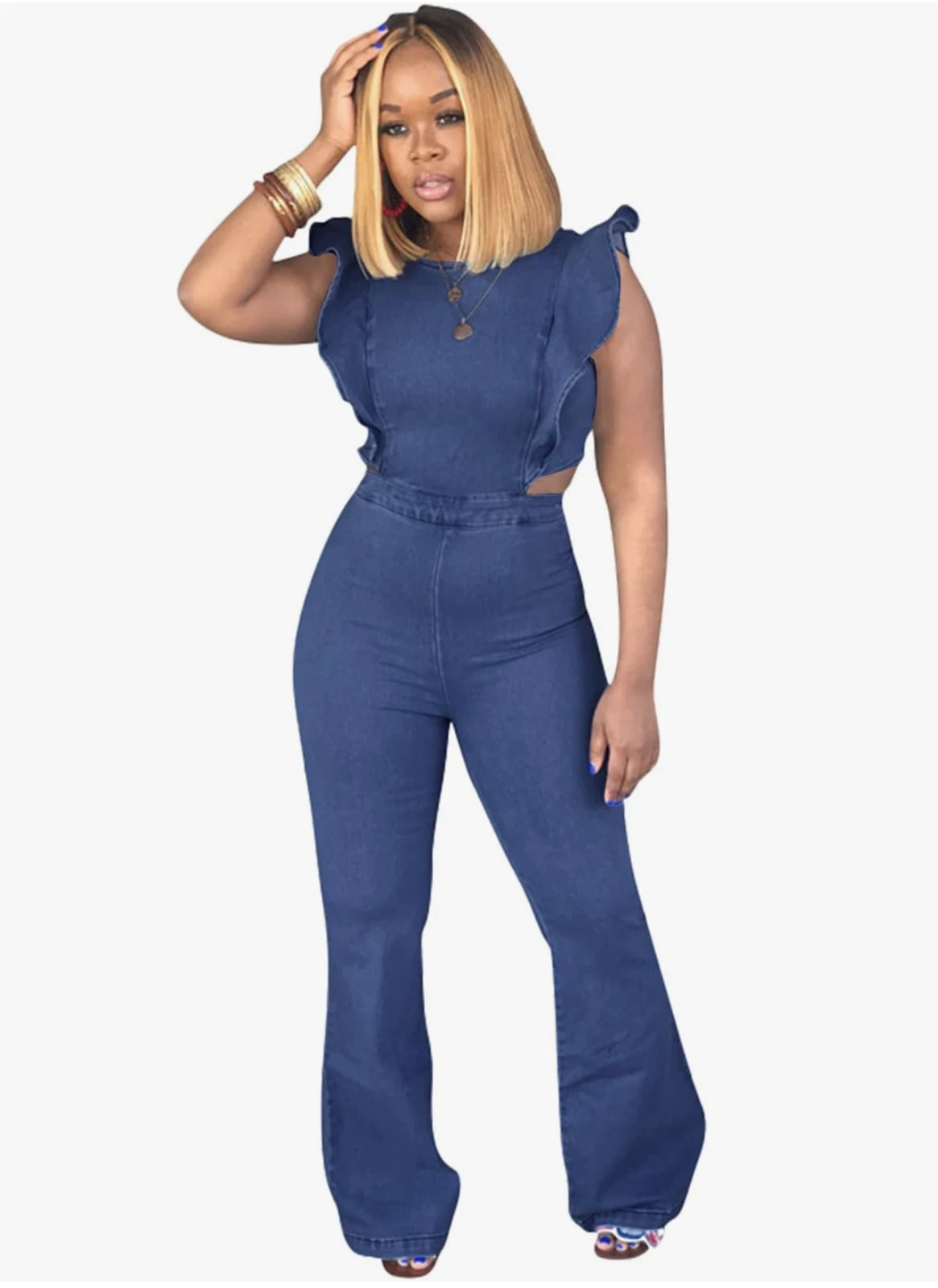 Denim Jumpsuit Sexy Ruffle Cutout Wide Leg Pants Romper Zip Overall Blue 2XL