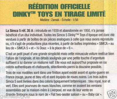 SIMCA 5 COFFRET BOITE VIDE de 6 MODELES par DINKY TOYS ATLAS 35A au 1