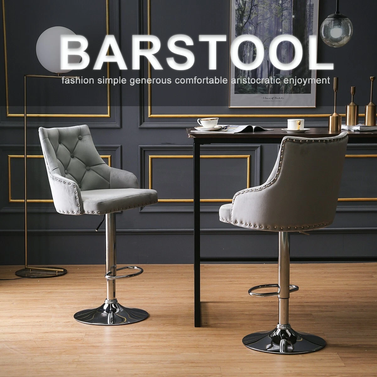 2x Swivel Velvet Bar Stools Chair High Back Adjustable Counter