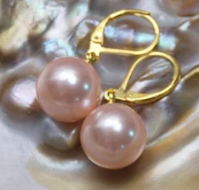 AAA 16mm Natural Australian South Sea Pink Shell Pearl Earrings 14k Gold