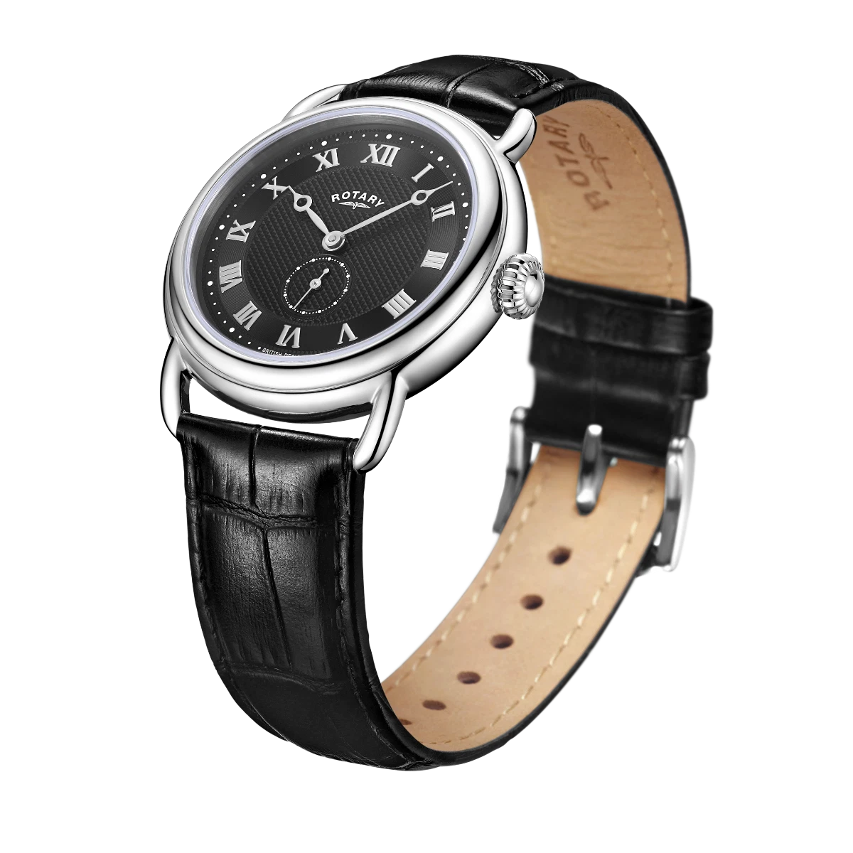 Rotary Vintage Mens Watch with Black Leather Strap and Black Dial