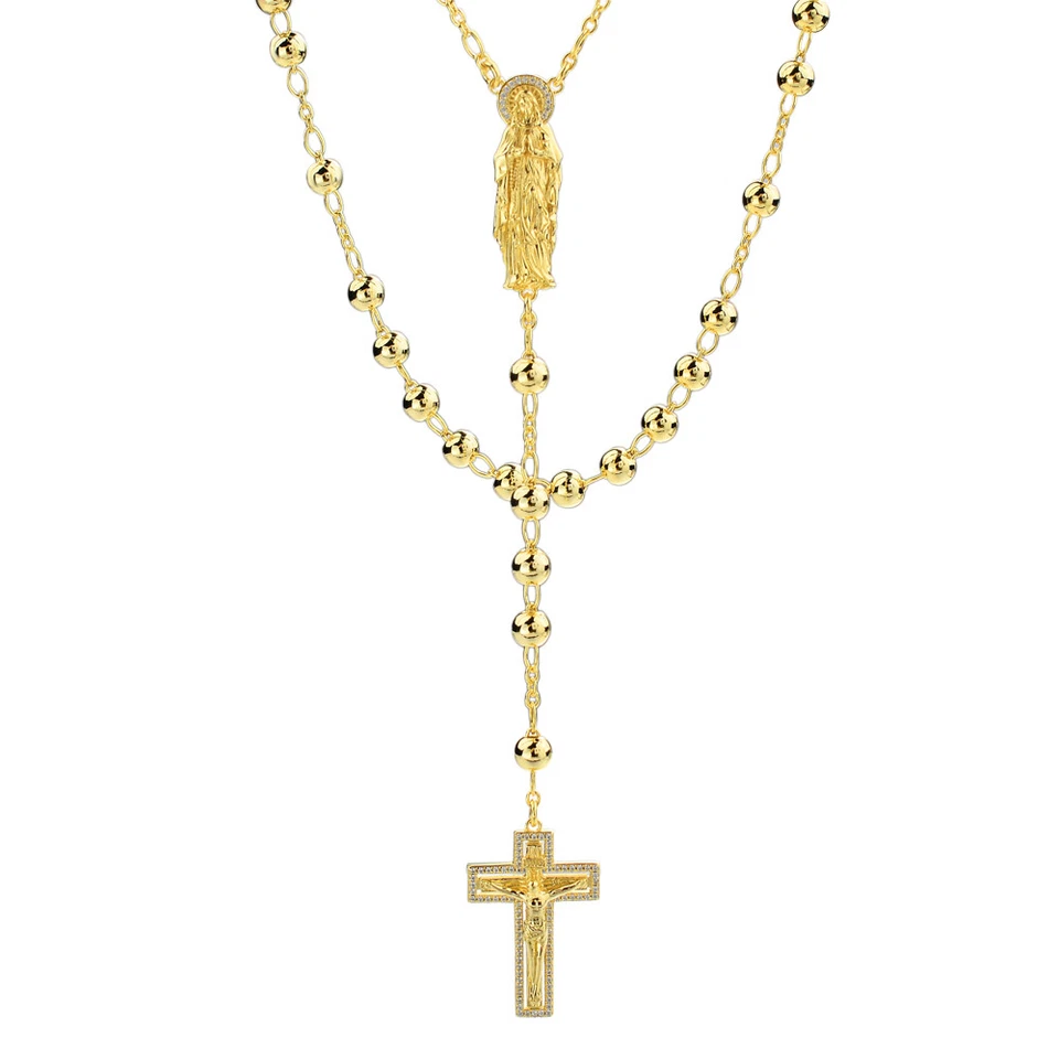 Collar Rosario Cuentas Chapado en Oro 14k Real Plata 925 Rosario Jesús Cruz Circonita Helada Foto 2 de 4