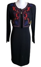 Vtg Carole Little Black Wool Blend Sweater Dress Cardigan Sz M Embroidered READ