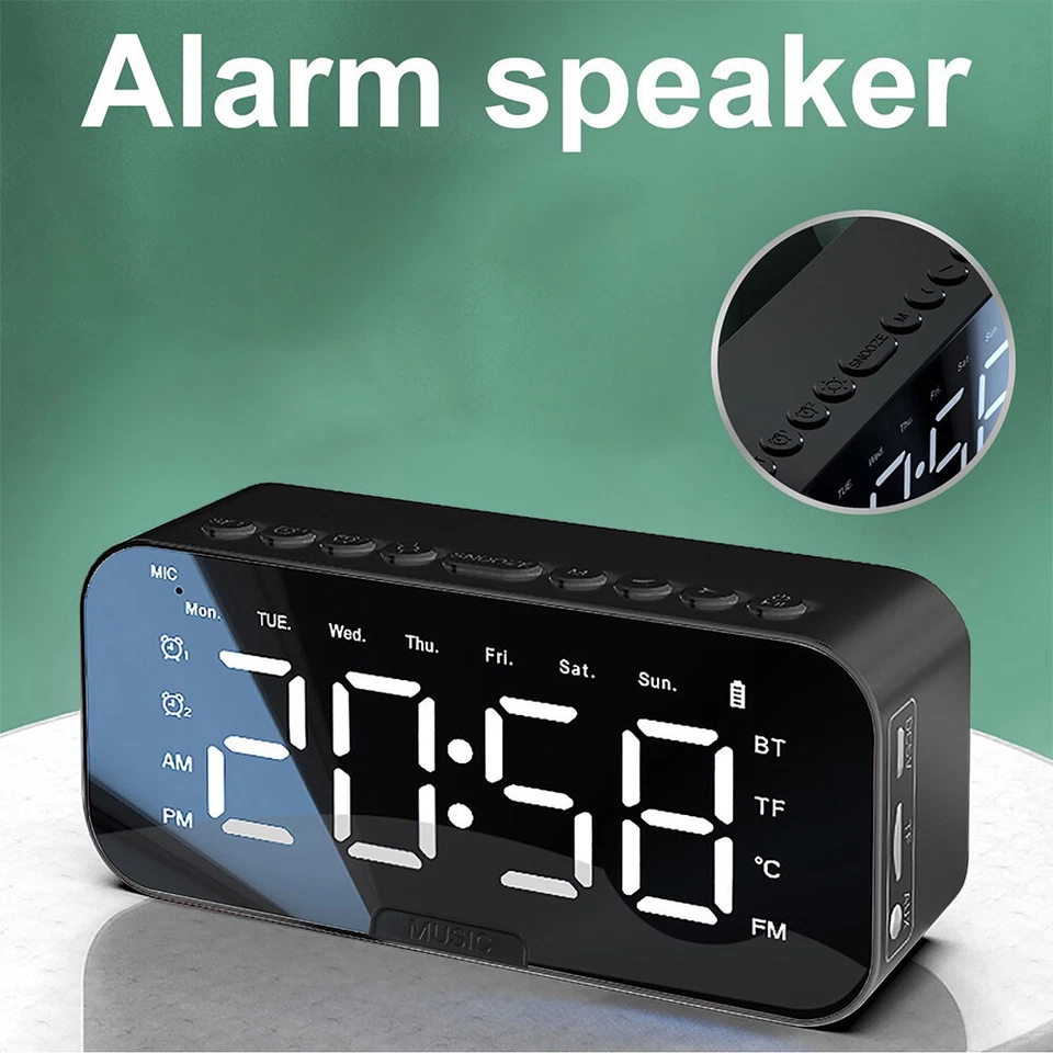 Digital Alarm Clock FM Radio Mirror LED w/Wireless Speaker USB Rechargeable USA - Image 4 of 4