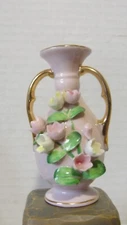 3.5" PINK DOUBLE HANDLED VASE - APPLIED FLOWERS - JAPAN