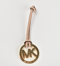 Michael Kors Gold MK Logo Bag Charm Fob Purse Hang Tag Circle Leather Strap