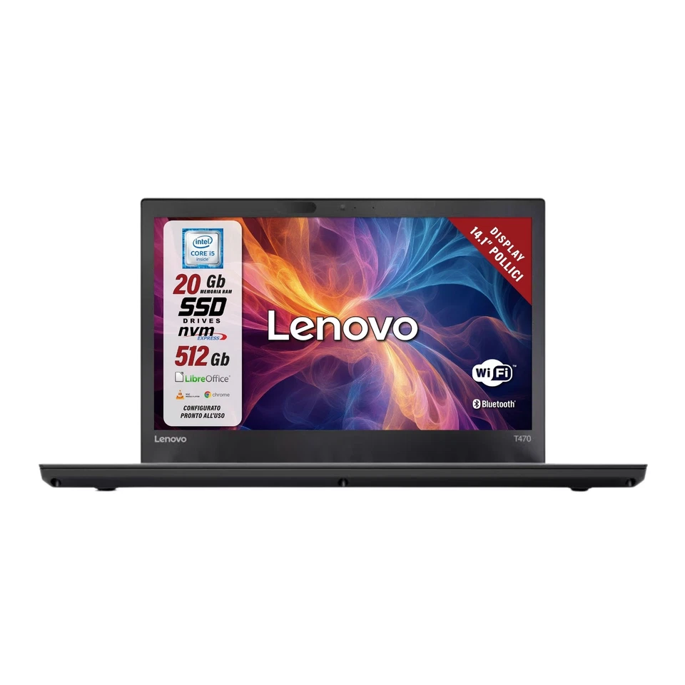 Notebook Lenovo T470s Core i5-6200U RAM:20GB-SSD:512GB 14" W10+FP Ricondizionato