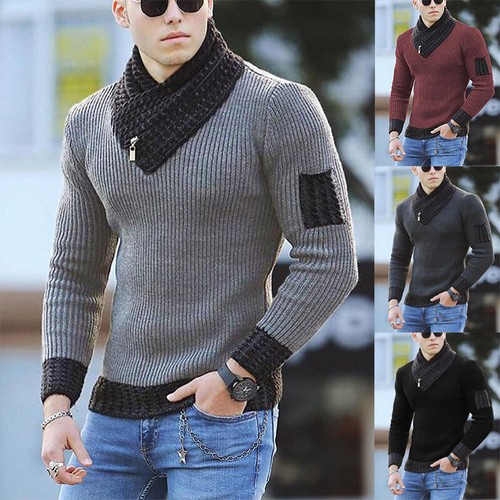 Mens Zip Jumper Turtleneck Chunky Knit 