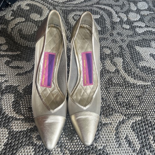 VTG Italy Heels 8.5 Susan Bennis Warren Edwards Gold Leather & Mesh Pumps RARE! - Picture 2 of 8
