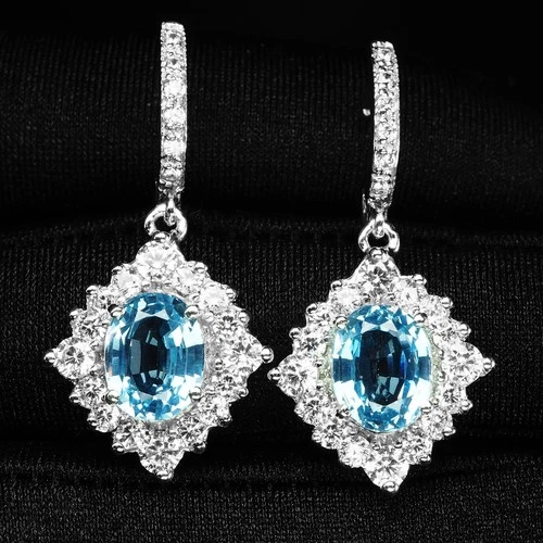 925 Sterling Silver White Gold Halo Earrings Santa Maria Blue Aquamarine 5.60Ct
