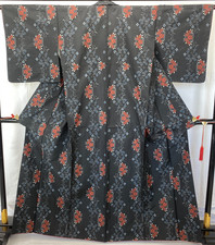 Japanese Vintage Kimono Silk Black Oshima Traditional Authentic Length 62 in