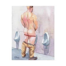 PRINT of Original Art Work Watercolor Painting Gay Male Nude "Public toilet 37"