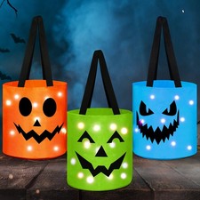 3 Pcs Light up Halloween Bucket Kids Trick or Treat, Green, Blue, Orange