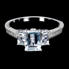 925 Sterling Silver Ring Octagon Aquamarine 7x5mm Natural Gemstone Jewelry 7.5