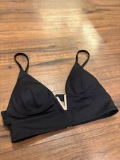 Victorias Secret Black Plunge Triangle Metal V Logo Padded Bikini Top Size Small