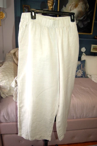 Cynthia Rowley Linen Cropped Wide Leg Pants Elastic Waist Beige Sz XL