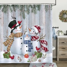 Christmas Shower Curtain, Cute Snowman Family Winter Rustic Farmhouse Bathroo...