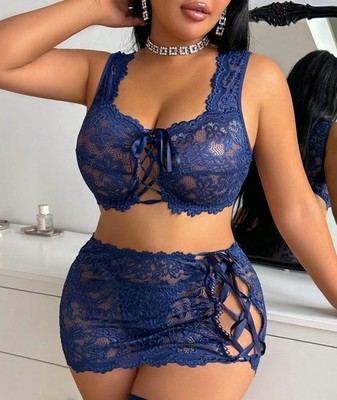 Women's Lace Sexy Lingerie Set, Solid Color Bra & Thong & Skirt Set Sleepwear