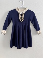 Girls Navy Long-sleeve Knit Dress, Vintage Style, Flare Skirt, Ruffles, Sz Small