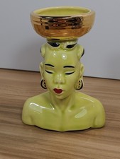 Vintage MCM  1950's African Nubian Head Vase, Chartreuse and Gold