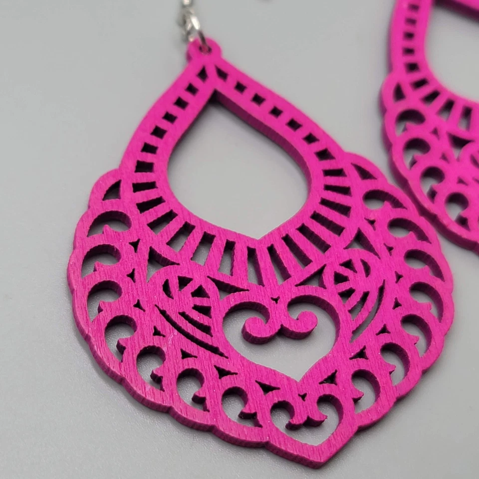 Pendientes Boho Madera Rosa Brillante Grandes Distintivos Tono Plata Cuelgan 3" Foto 3 de 4