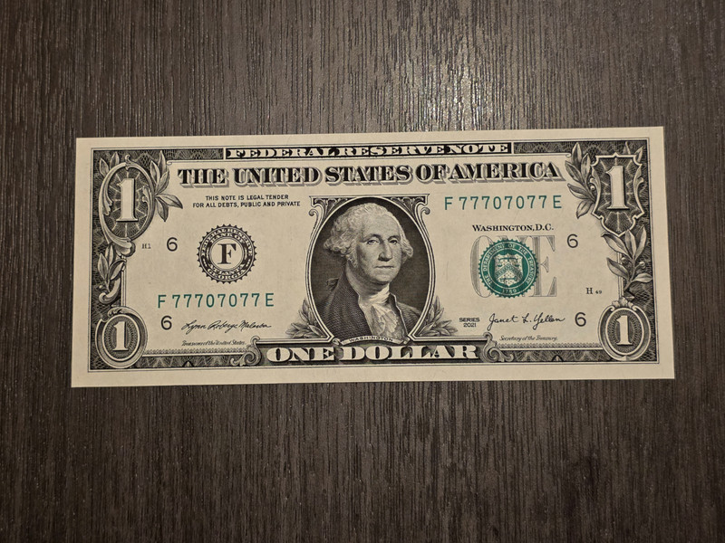 2021 $1 fancy serial number F77707077E binary with 6 of kind 7s UNC