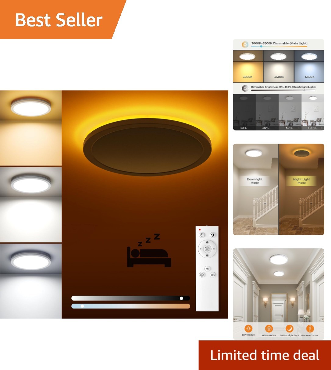 Ultra-Thin Flush Mount 18W Ceiling Light, Remote Controlled with Timer & Dimming