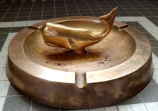 Vintage Solid Brass Sperm Whale Ashtray w/ Patina Heavy Nautical Decor Unique