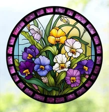 Pansies Faux Stained-Glass WINDOW CLING Size 8" Round Vinyl