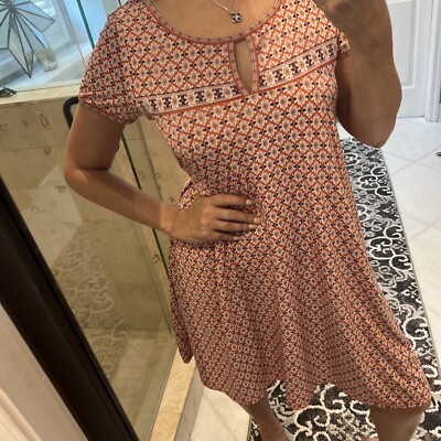 max studio orange dress Max Studio Orange White Knit Print Keyhole Pink Stretch Sleeve Dress Medium