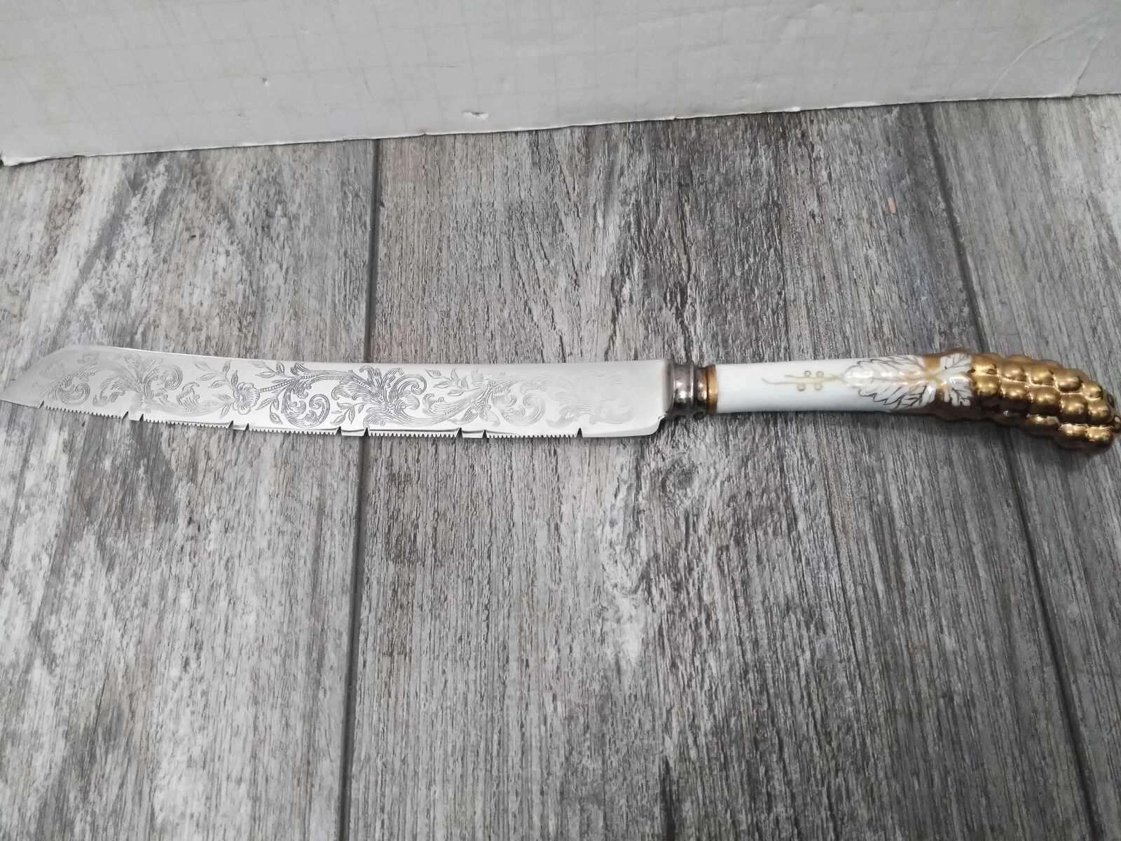 VTG Sheffield Knife, Made in England, Porcelain Handle, - 8'' Serrated Blade