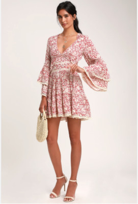 Free People Kristall Berry Red Floral Print Bell Sleeve Mini Dress Boho Gypsy XS