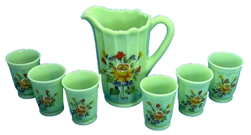 Vintage Mosser Handpainted Floral Glass JADEITE Pitcher &6 Tumblers Signed Becky