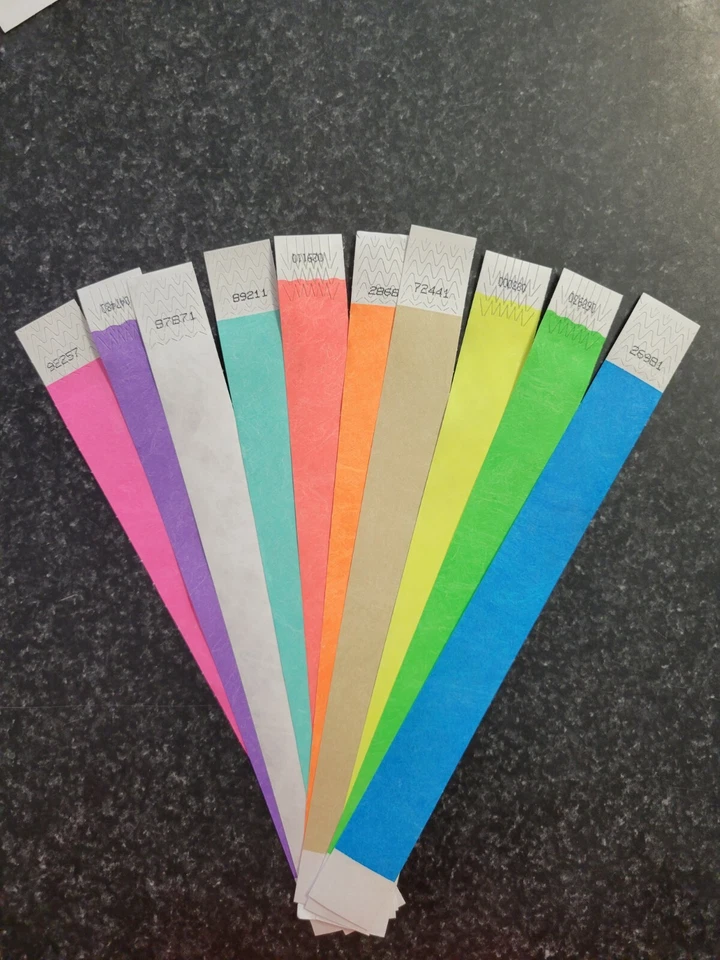 100 1" (10 each of 10 colors) TYVEK WRISTBANDS, PAPER WRISTBANDS, EVENT BANDS