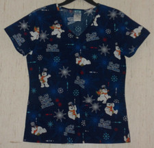 NEW WOMENS FROSTY The SNOWMAN NAVY BLUE SCRUBS TOP SIZE XS