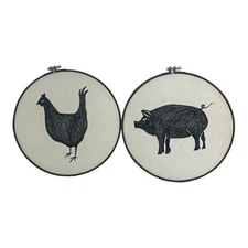 Country Embroidery Hoop Chicken/Hen, & Pig Farmhouse Decorative Wall Art
