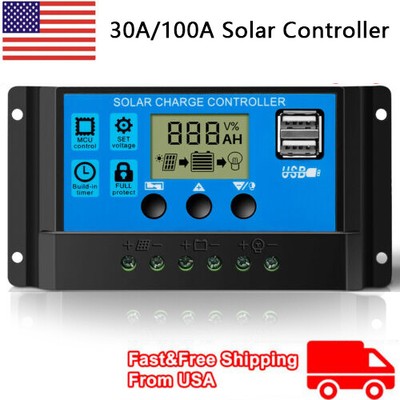 30-100A MPPT/PWM Solar Panel Charge Controller 12V/24V LCD Regulator Dual USB US