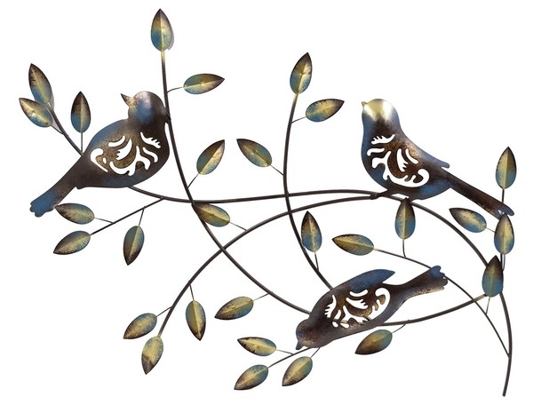 Moderne Wanddekoration Wandskulptur Wandbild BläTter & VöGel Aus Metall 49X66 Cm-image
