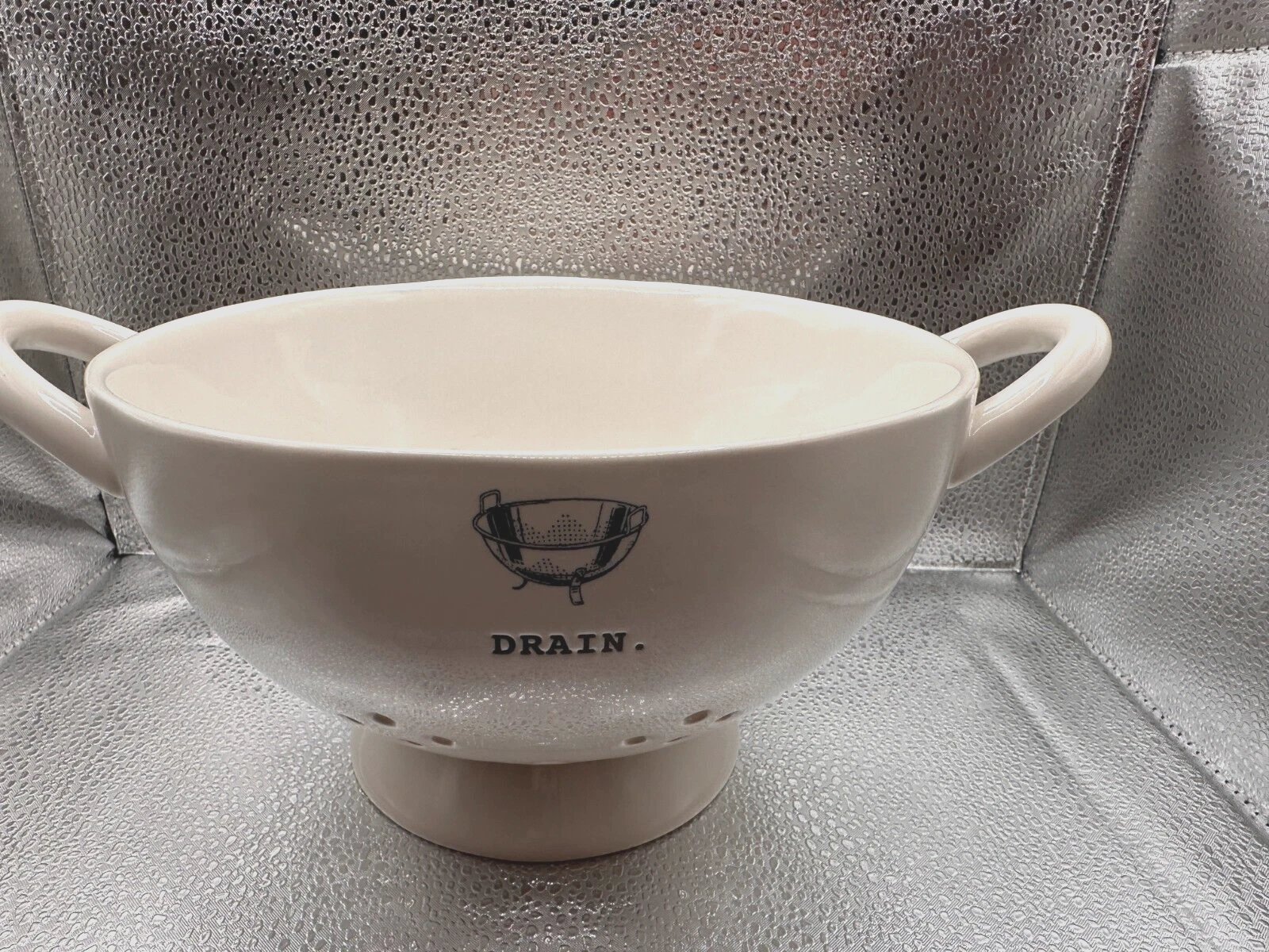 Rae Dunn Icon DRAIN Ceramic Colander/Strainer Typewriter Print Collectible NEW