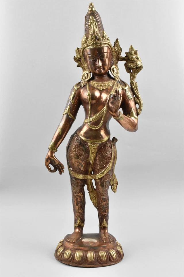 Estatua tibetana de bronce dorado aleación de cobre Tara Bodhisattva 16 pulgadas base de loto Foto 2 de 4